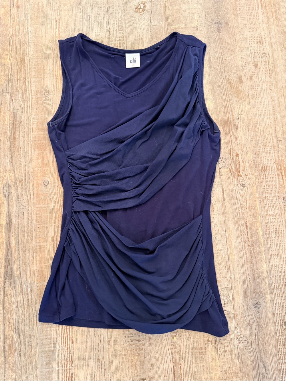CAbi Double Draped Wrap Top 5071 Navy Blue Sleeveless V Neck Ruched - Medium
